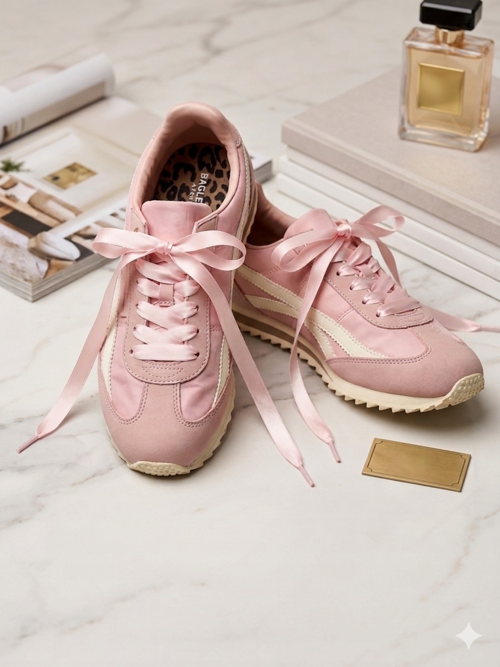 Rachel Zoe Pink Satin Ribbon Lace-Up Sneakers with Cream Accents